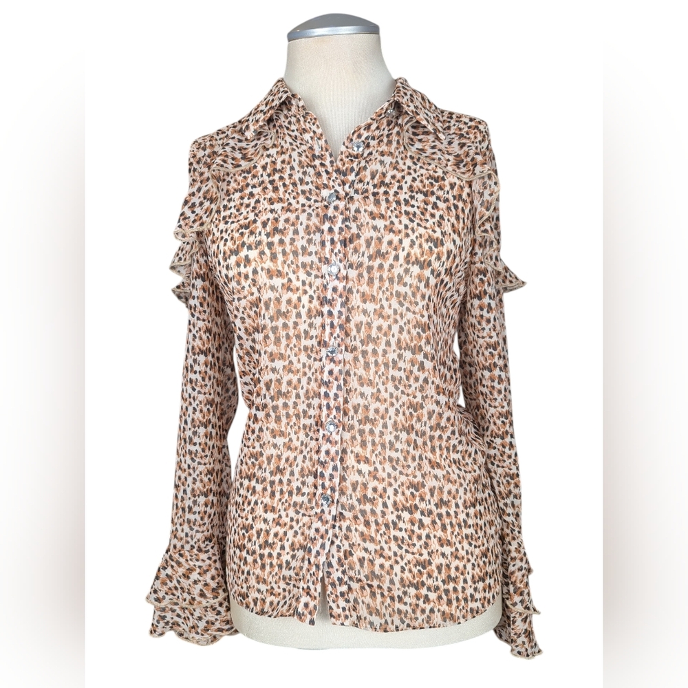 River Island Sheer Leopard Print Ruffle  Button Down Shirt W/ Rhinestone Buttons